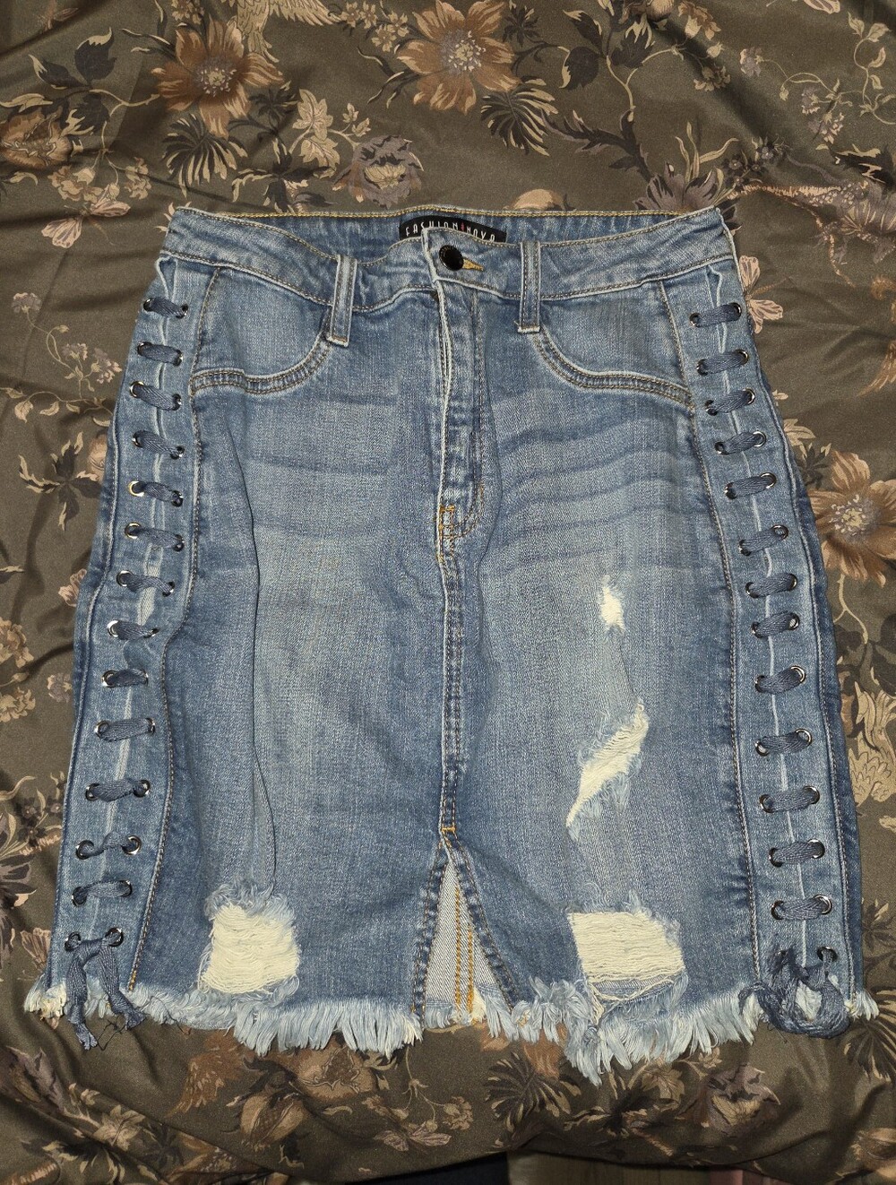 Distressed Light Blue Denim Lace-Up Mini Skirt